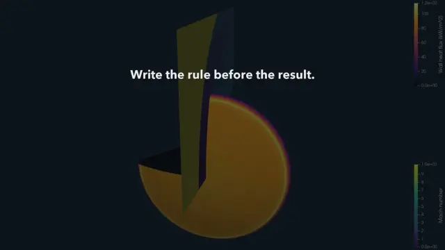 Still from the AETHER film: the shield cut away and coloured by heat flux, with the lesson, write the rule before the result