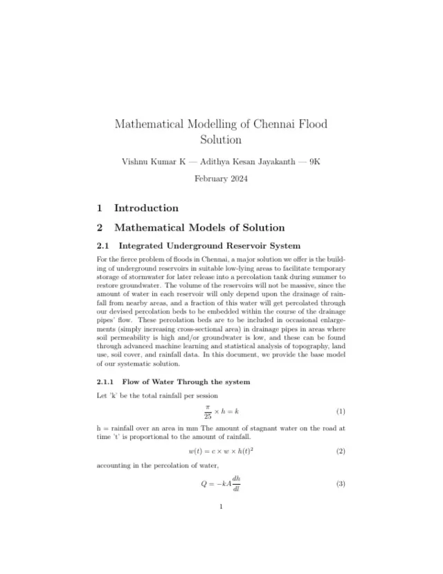 First page of the paper Mathematical Modelling of Chennai Flood, February 2024