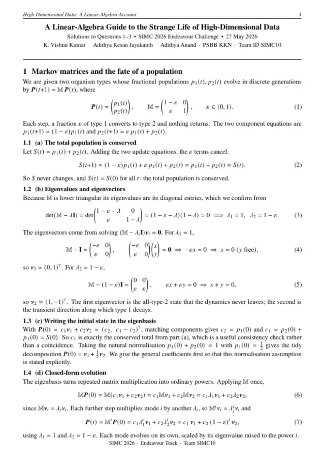The first page of the team's submission, A Linear-Algebra Guide to the Strange Life of High-Dimensional Data