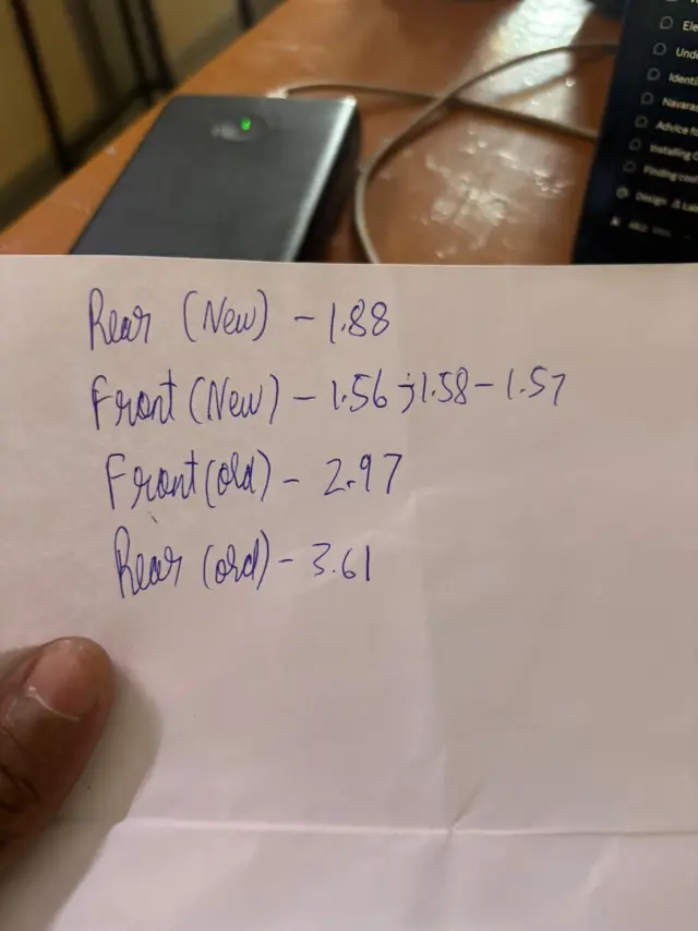 A handwritten note of wheel weights: rear new 1.83, front new 1.56 to 1.57, front old 2.97, rear old 3.61
